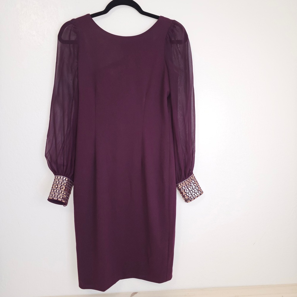 Calvin Klein Plum Cocktail Sheath Dress 2 Sheer Sleeve Sequin Cuff Square‎ Back